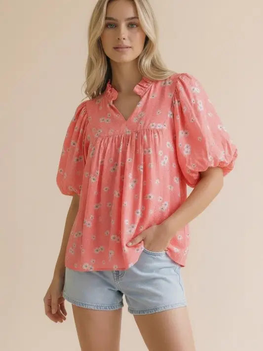 Frilled Notch Neck Short Sleeve Floral Blouse 6/20