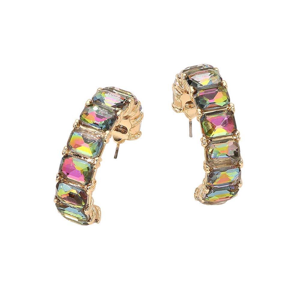 Faceted Rectangular Gem Curved Hoop Earrings