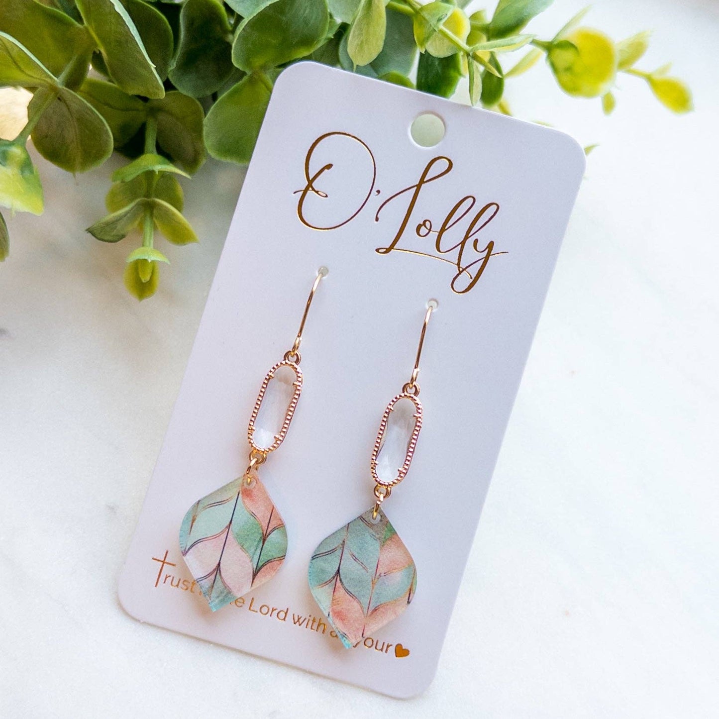 Clear Glass Connector w/Mint Colored Acrylic Dangle Earrings “Wren”