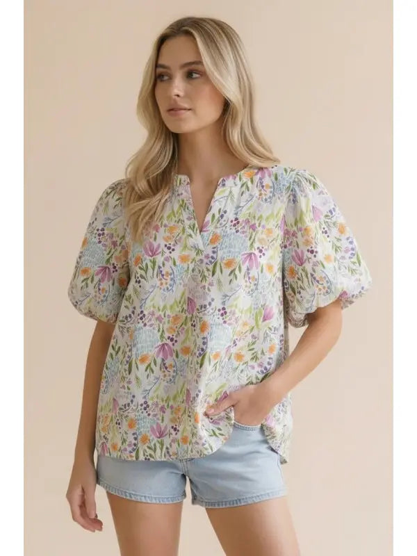 Notch Neck Puff Sleeve Floral Woven Top 6/20