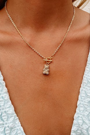 18K Gold Plated Color: Gold Textured Cable Chain Detail Rhinestone Bear #665