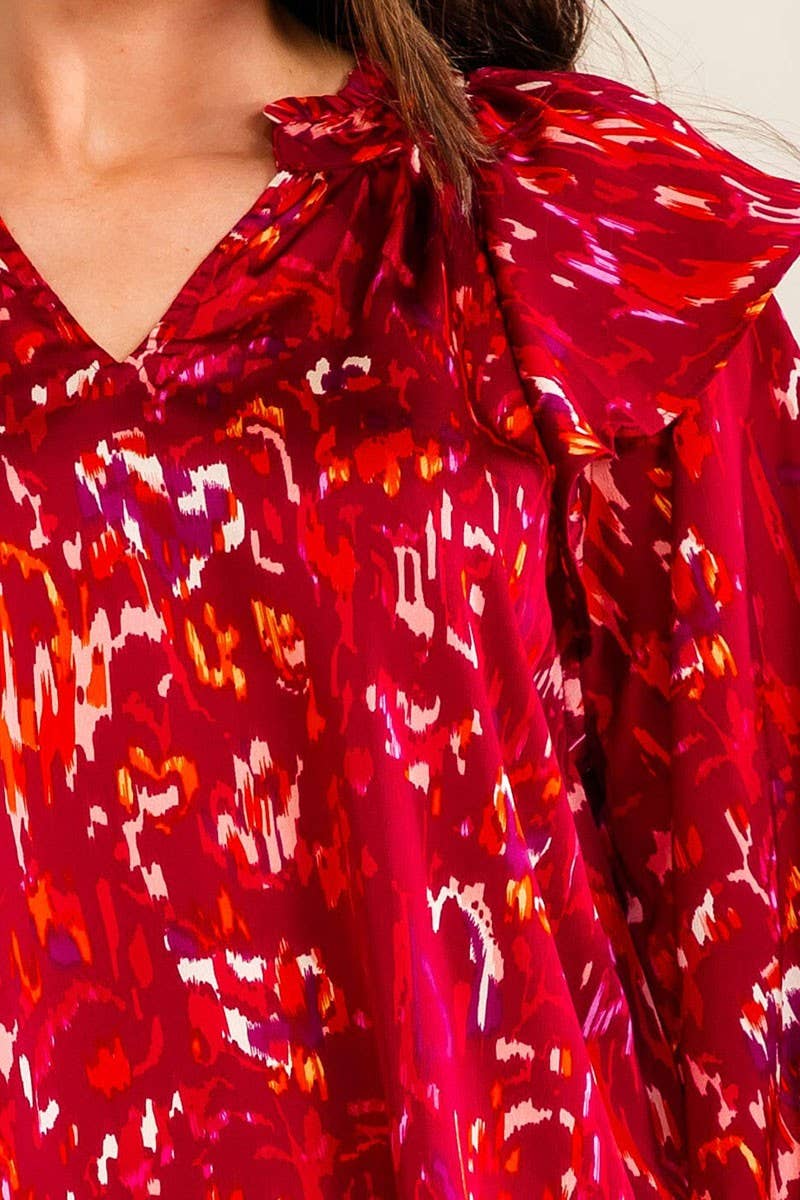 3/4 SLEEVE V-NECK MULTI PRINT BLOUSE