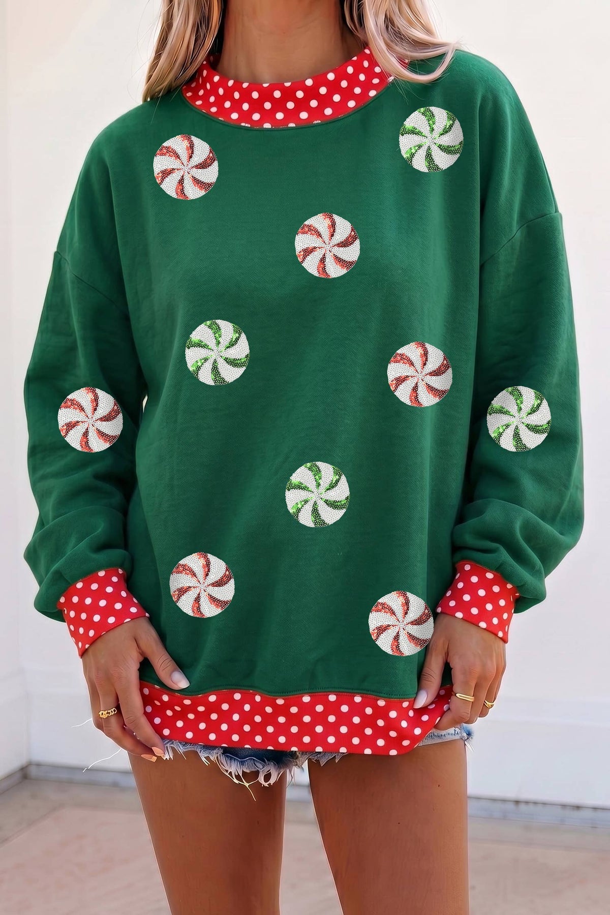 Christmas Real Sequin Polka Dot Mock Neck Sweatshirt