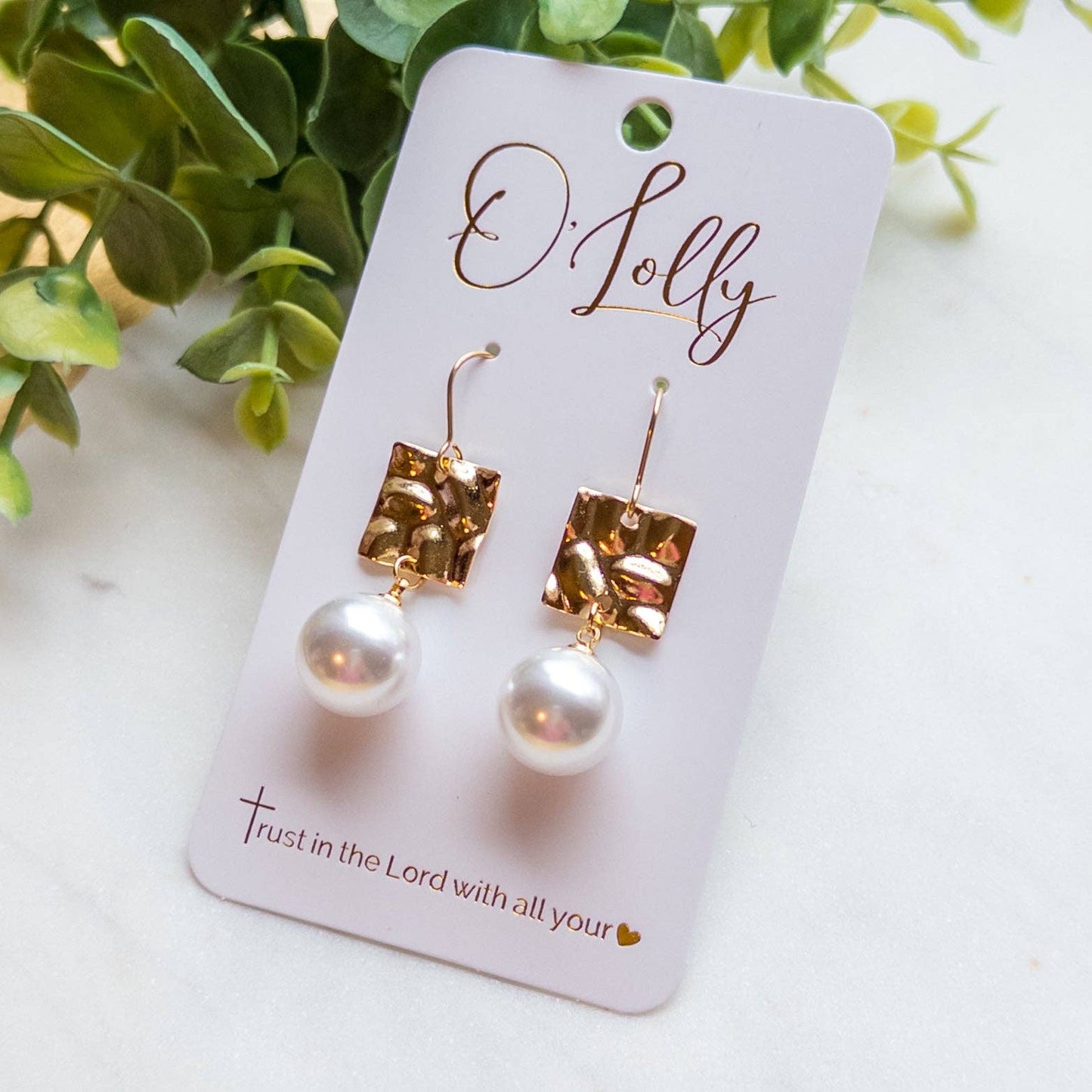 Square Textured Connector w/Pearl Dangle Earrings “Laurel”