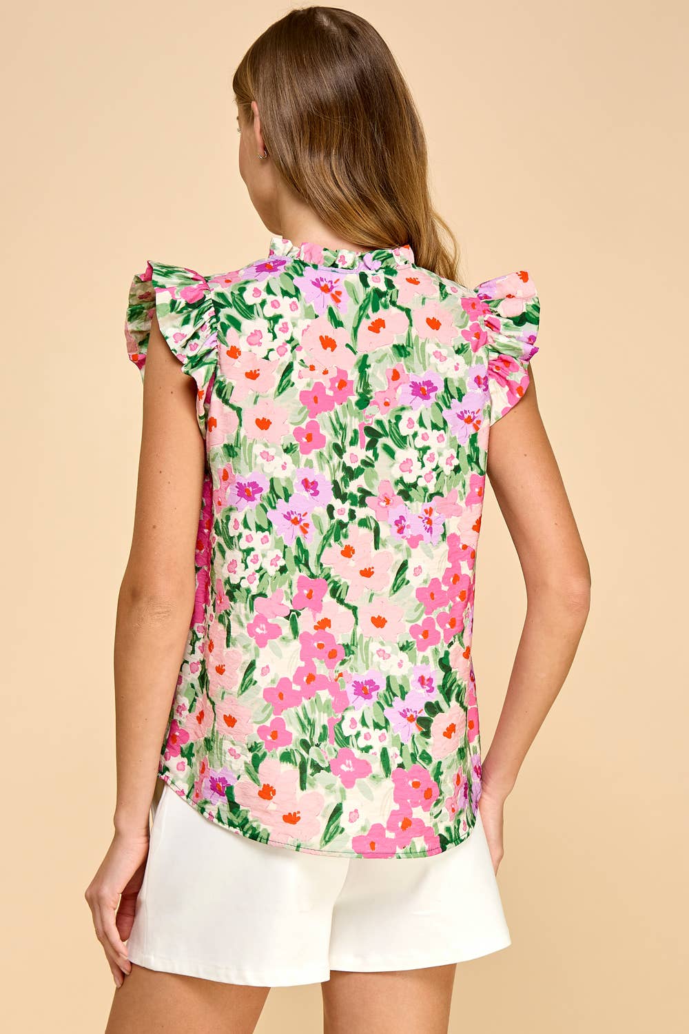 Floral Printed V neck Top with Ruffled neck