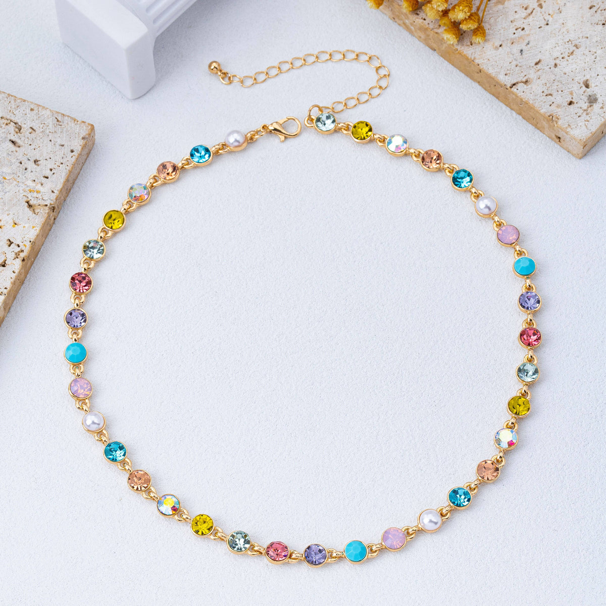 Multi Color Crystal & Pearl Tennis-Style Necklace | 80N93257