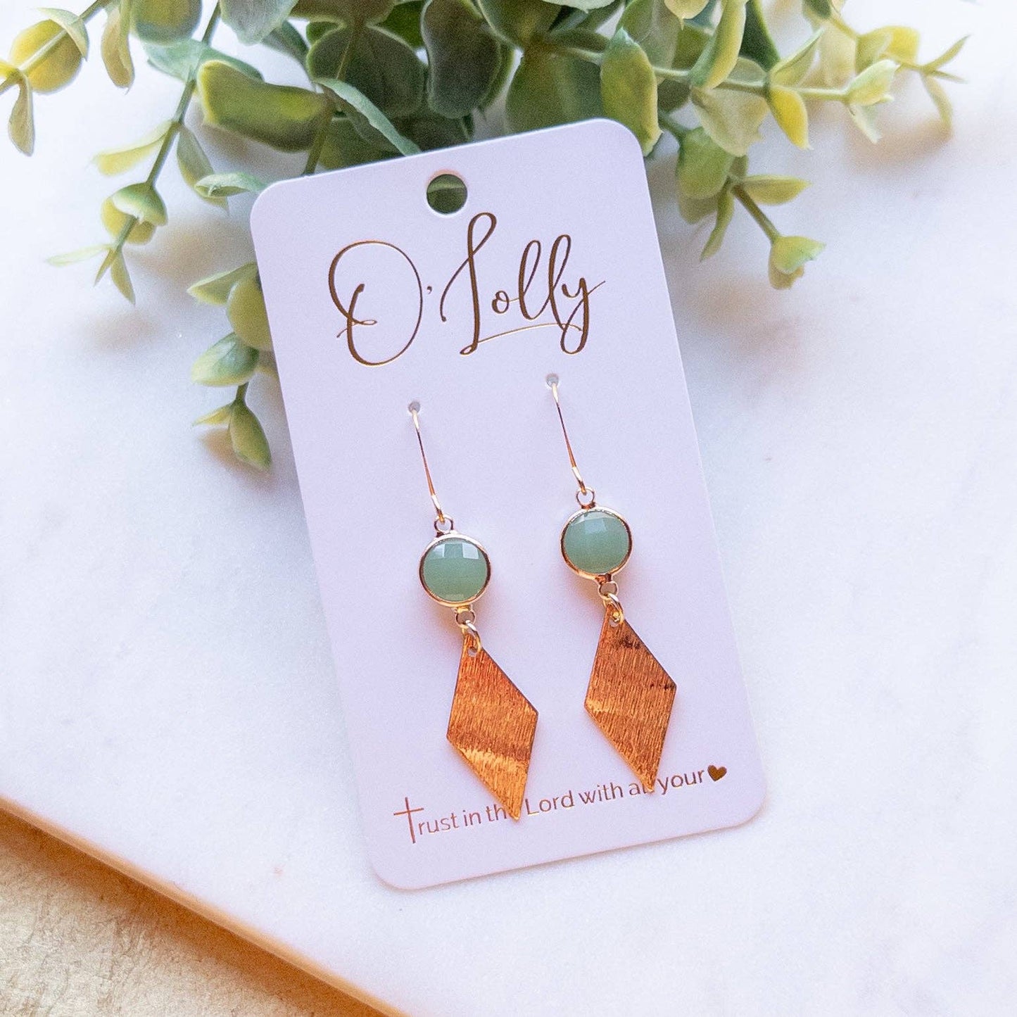 Green Glass Connector w/18k Gold Plated Rhombus Dangle Earrings “Sage”