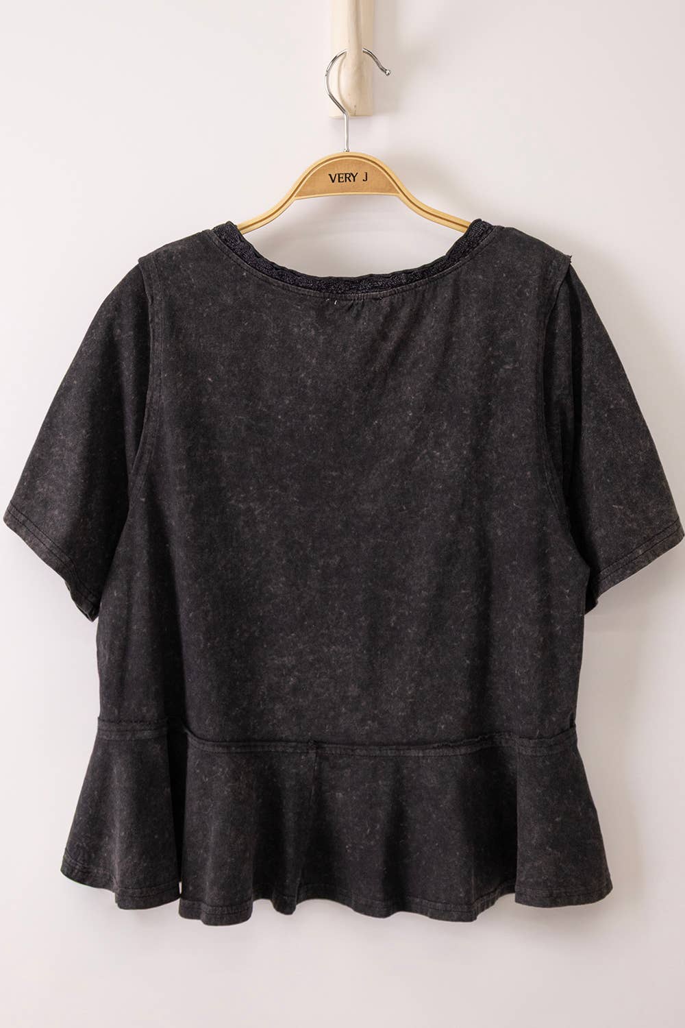 NT12466-Lace Trim Detail Mineral Washed V-Neck Knit Top