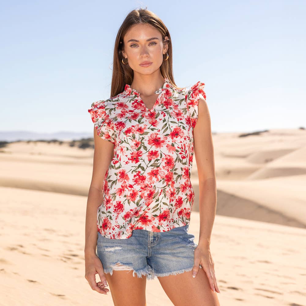 Floral Printed V Neck Top with Ruffled Neck and Sleeves