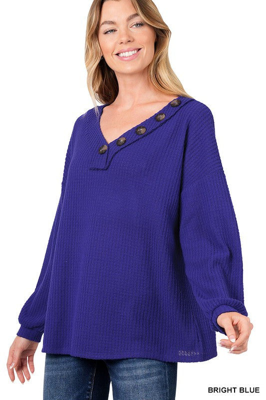 BRUSHED WAFFLE V-NECK BUTTON DETAIL SWEATER 214 – MaryLeigh's Boutique