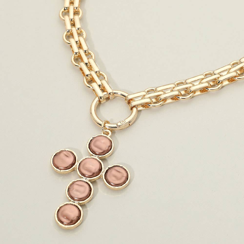 Pearl Cross Charm Pendant Chunky Chain Statement Necklace