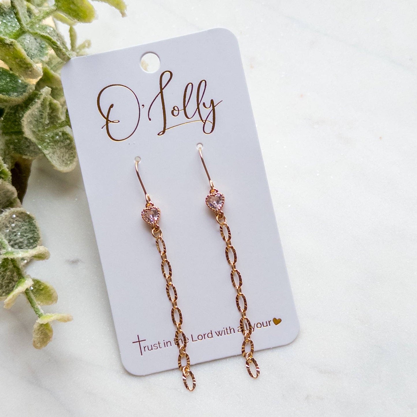 18k Gold Plated Textured Chain Earrings w/Heart Cubic Zirconia Style 6