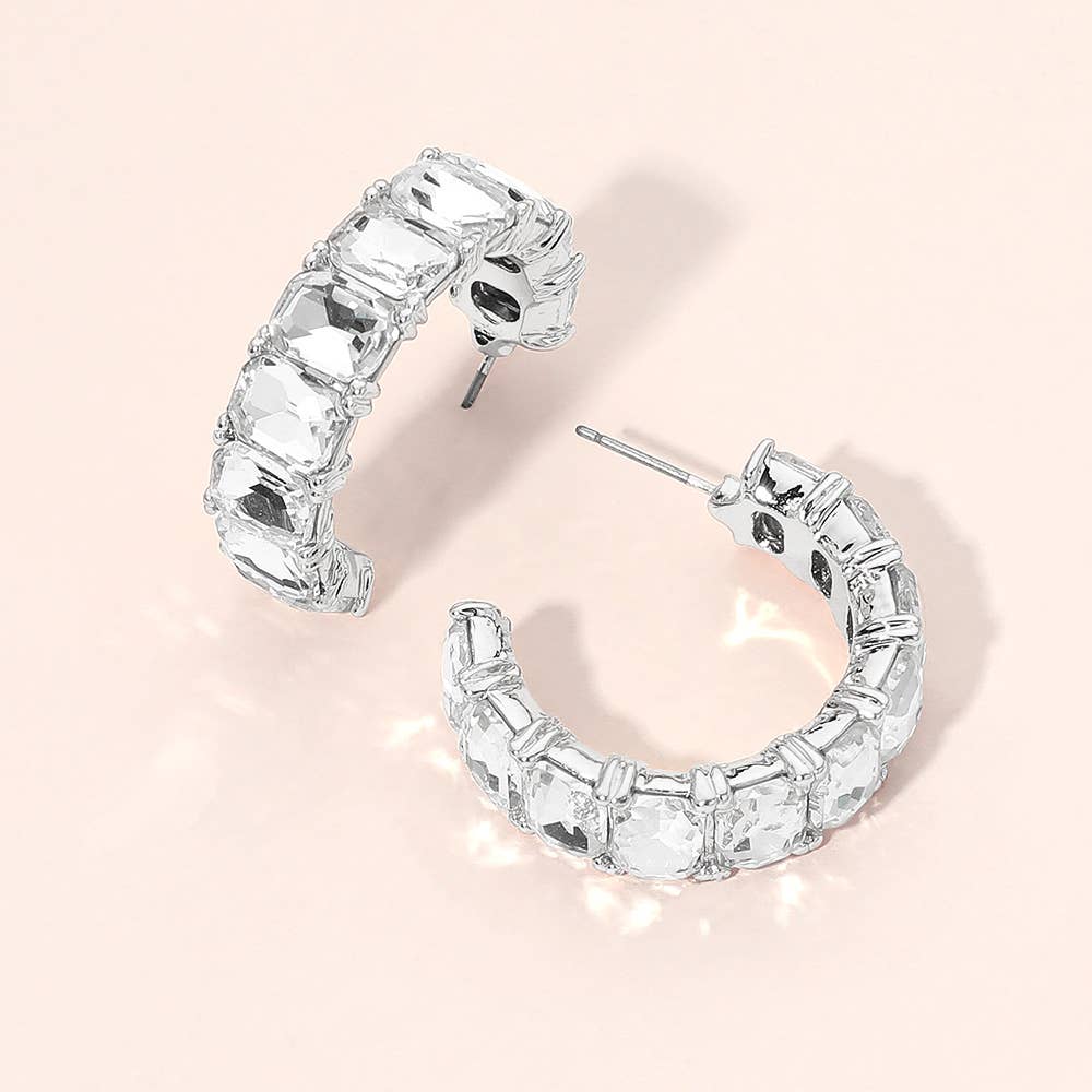 Faceted Rectangular Gem Curved Hoop Earrings