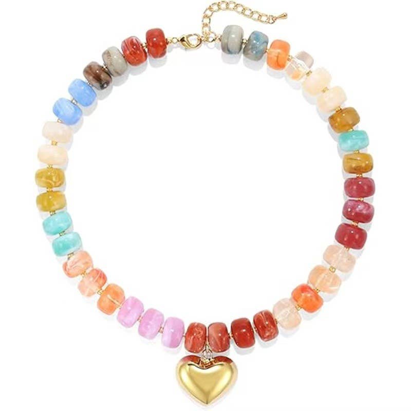 Colorful Resin Bead Necklace with Gold Heart-Shaped Pendant
