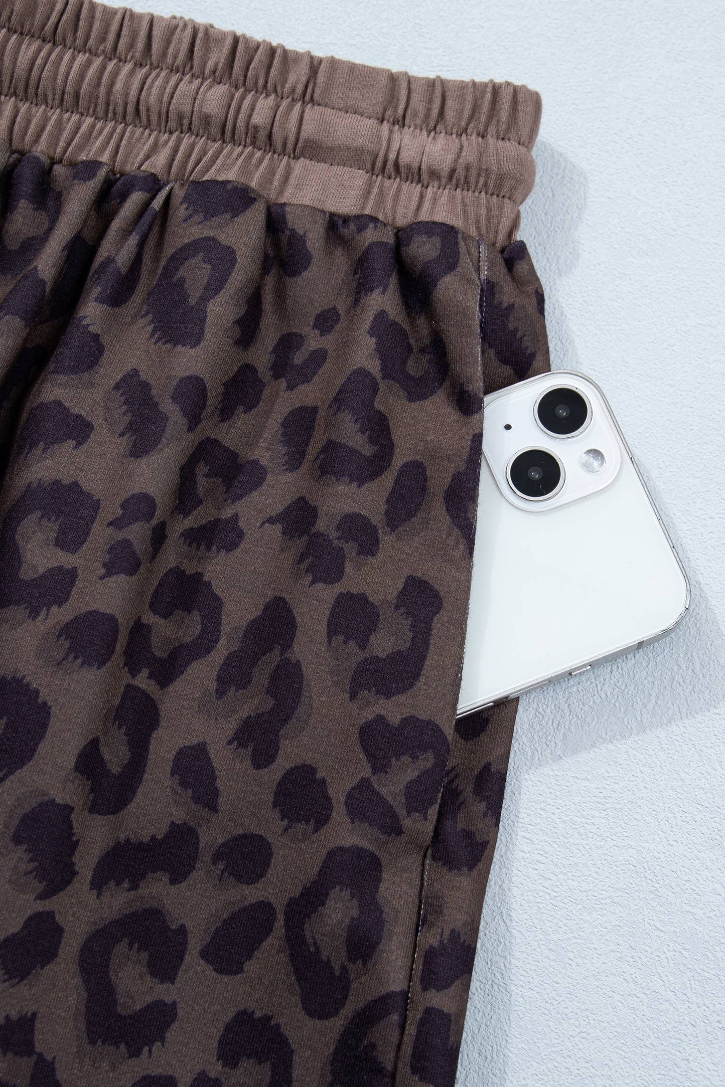 Brown Leopard Collared V Neck Top & Shorts Set