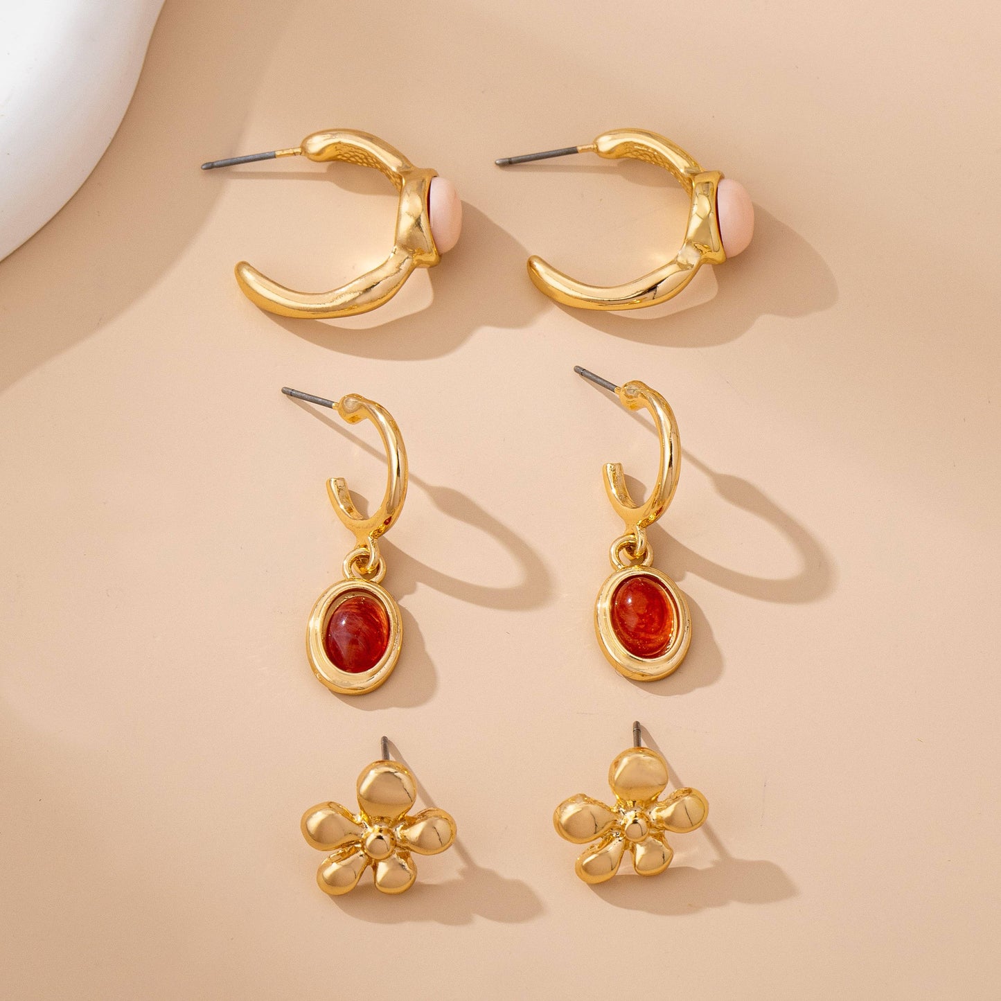 Gold Floral & Gem Drop Hoop Trio Earring Set | 80E61756