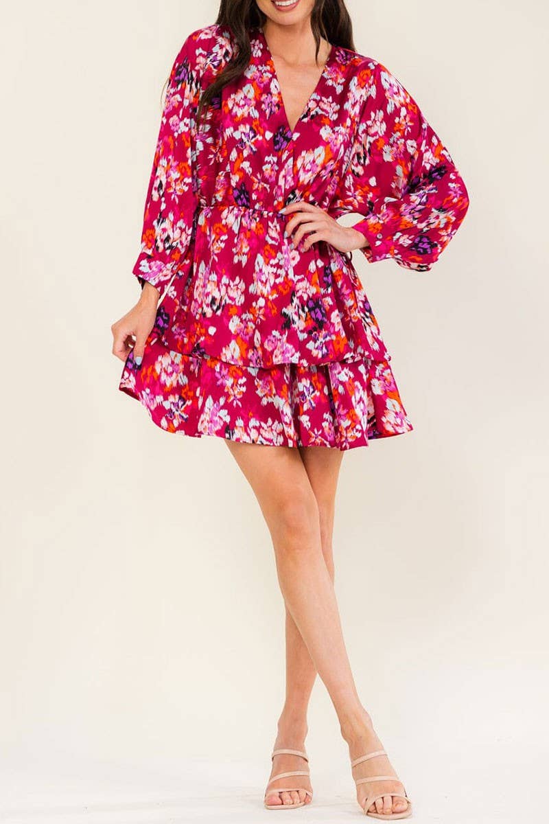 LONG SLEEVE SURPLICE FLORAL PRINT MINI DRESS