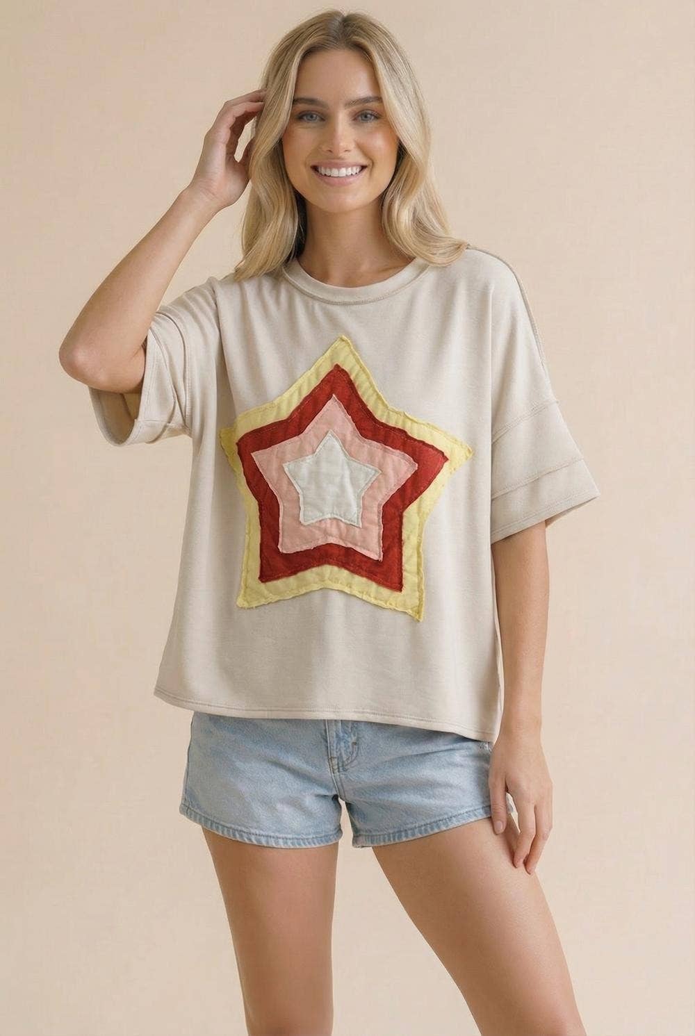 Short Sleeve Multi Color Star Patchwork Top