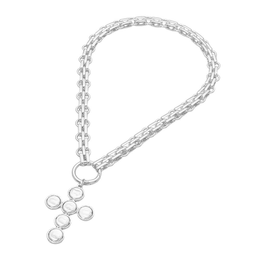 Pearl Cross Charm Pendant Chunky Chain Statement Necklace