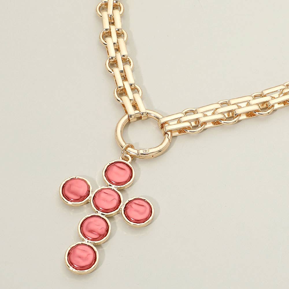 Pearl Cross Charm Pendant Chunky Chain Statement Necklace