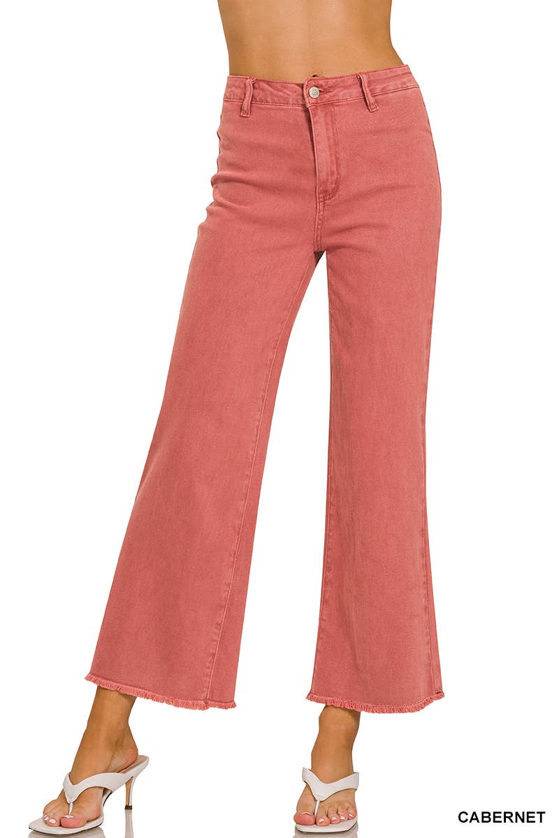 Acid Washed Frayed Cutoff Hem Straight Wide Pants Zenana