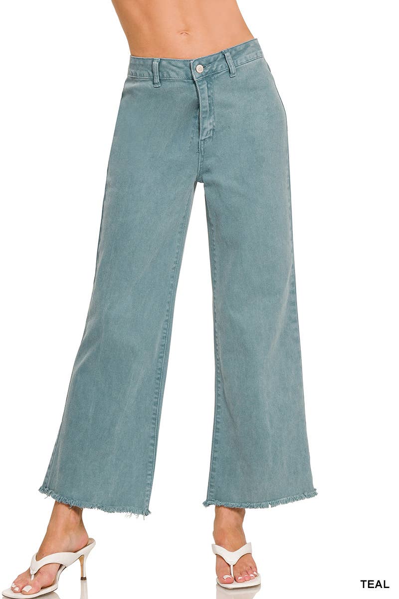 Acid Washed Frayed Cutoff Hem Straight Wide Pants Zenana