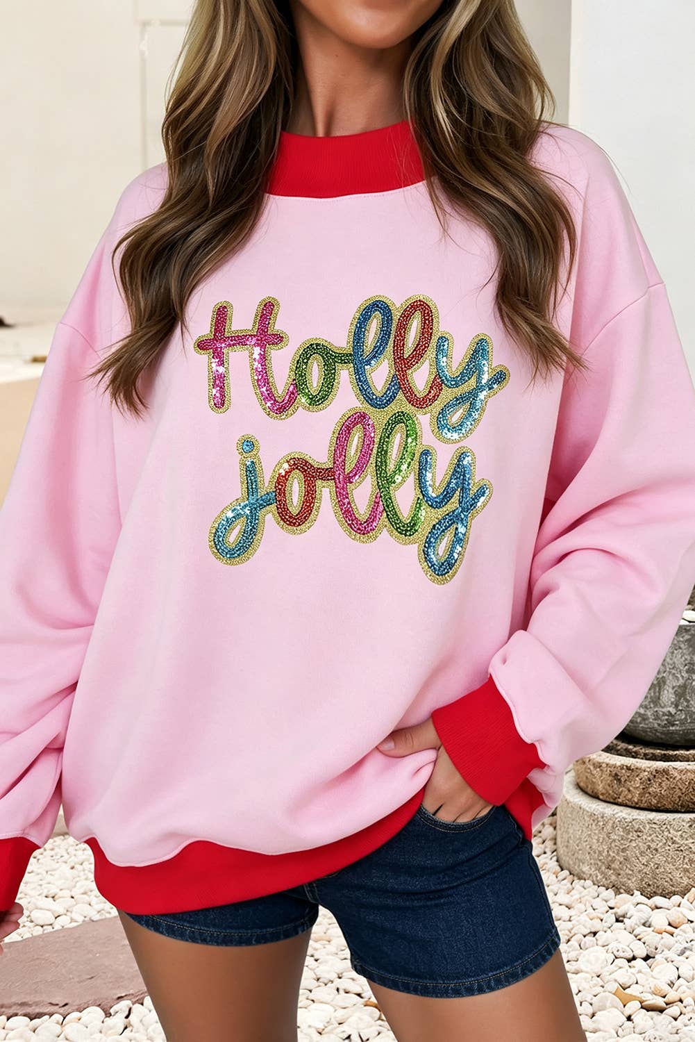 Christmas Real Sequin Holly Jolly Trim Mock Neck Sweatshirt