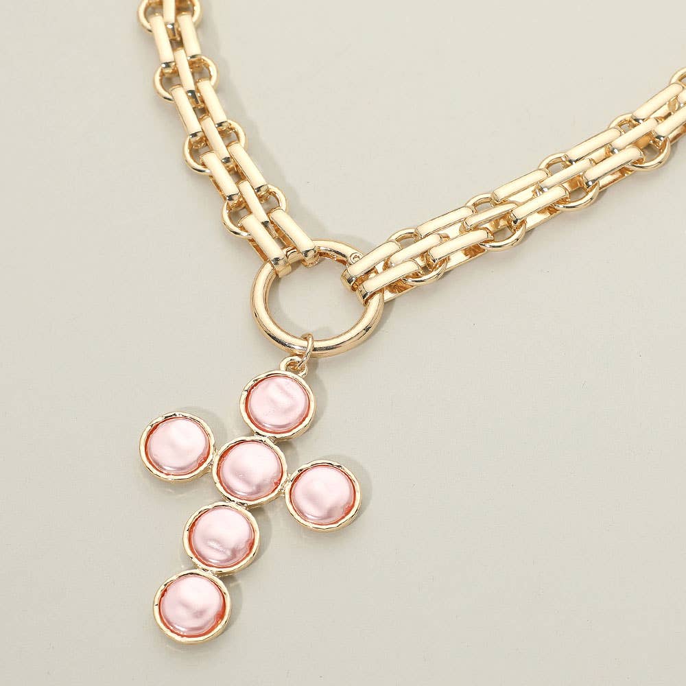 Pearl Cross Charm Pendant Chunky Chain Statement Necklace