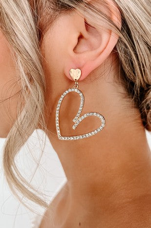 Gold Heart Detail Rhinestone Earrings #664