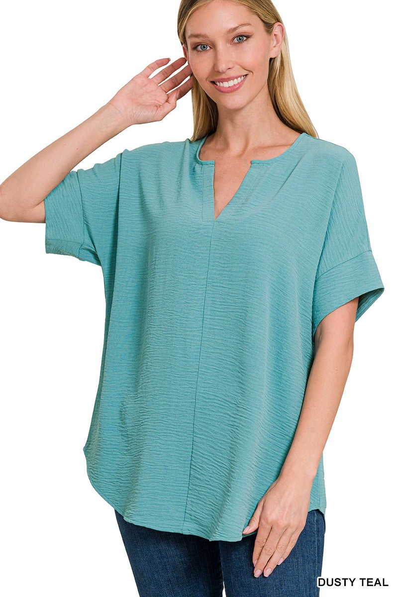 WOVEN AIRFLOW SPLIT NECK SHORT SLEEVE TOP #130