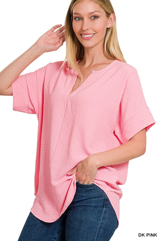 WOVEN AIRFLOW SPLIT NECK SHORT SLEEVE TOP #130