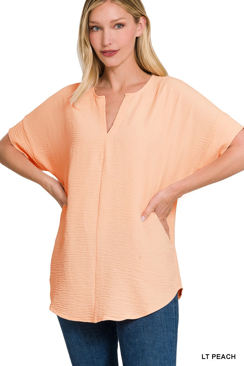 WOVEN AIRFLOW SPLIT NECK SHORT SLEEVE TOP #130