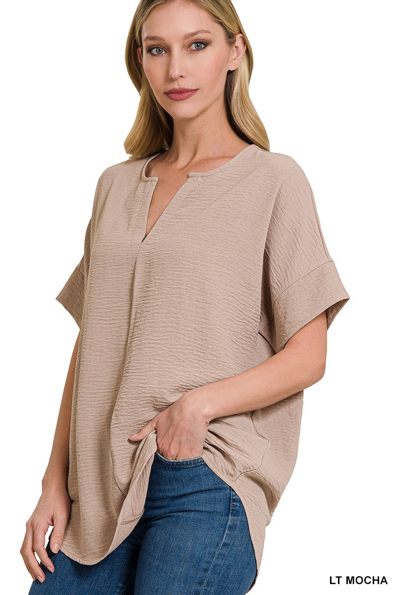 WOVEN AIRFLOW SPLIT NECK SHORT SLEEVE TOP #130