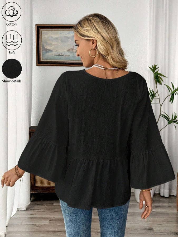 Cotton V-Neck Ruffle Sleeve Top Flowy Loose Blouse