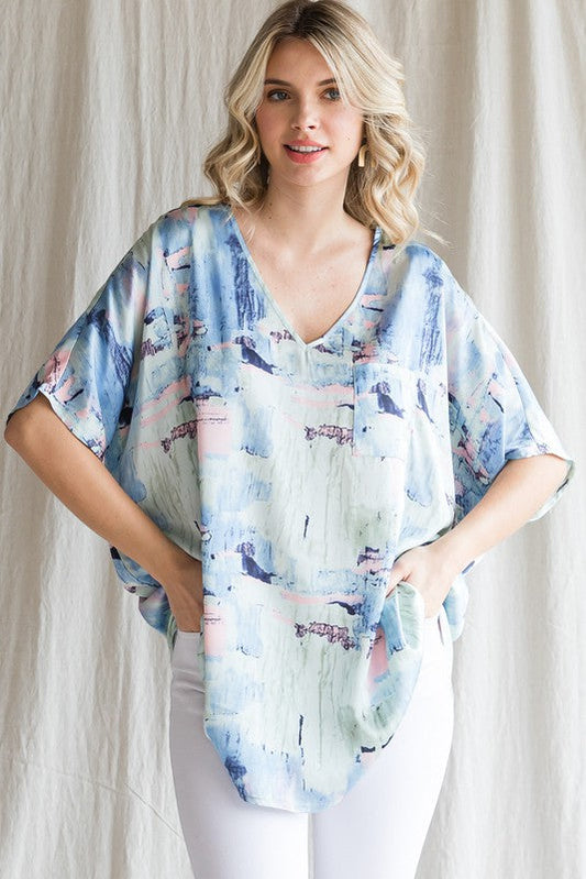 Print V-neck Boxy Top #259-2
