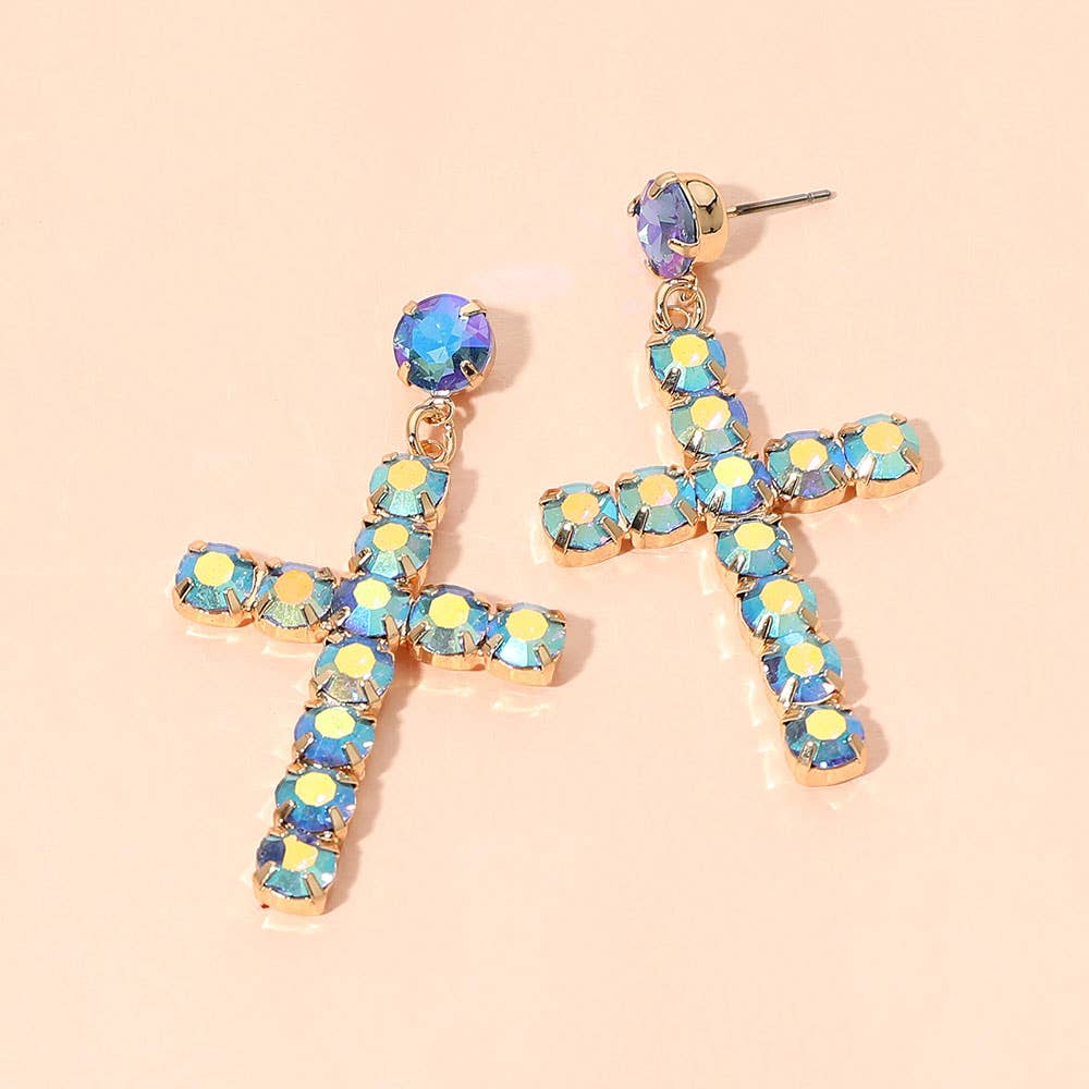 Round Gem Cross Charm Drop Statement Earrings