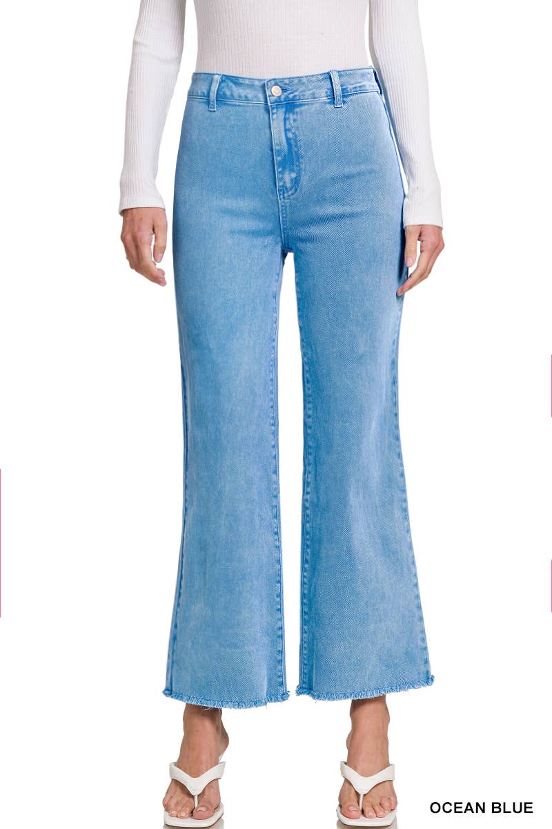 Acid Washed Frayed Cutoff Hem Straight Wide Pants Zenana