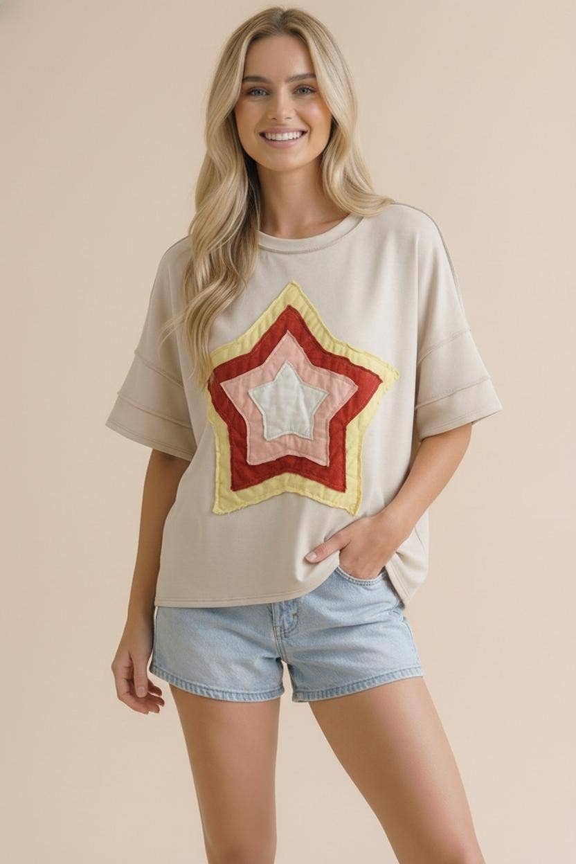 Short Sleeve Multi Color Star Patchwork Top
