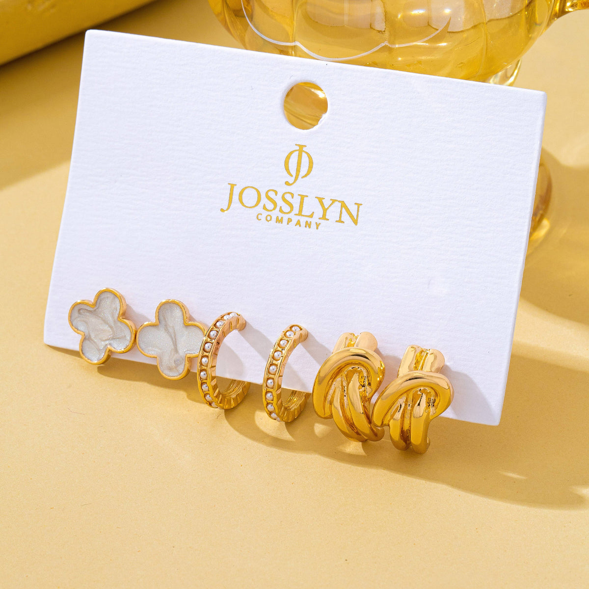 Gold-Tone Clover Pearl Huggie Hoop Earring Trio Set|80E62320