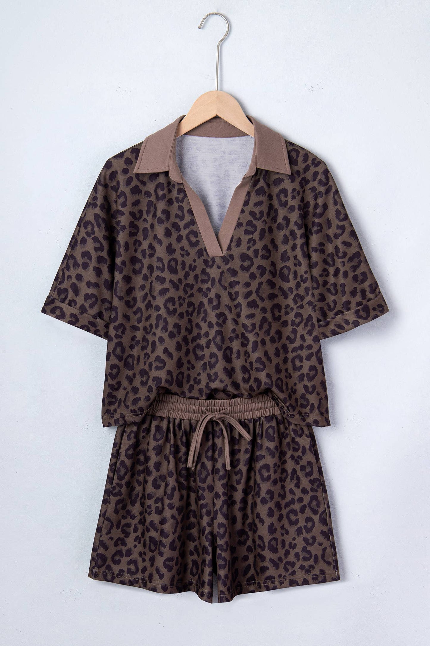 Brown Leopard Collared V Neck Top & Shorts Set