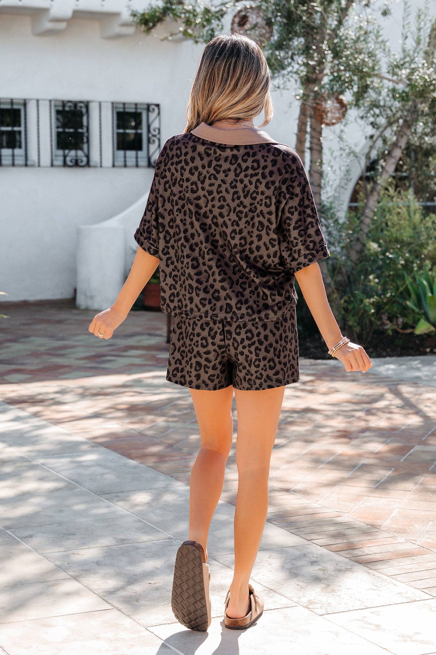 Brown Leopard Collared V Neck Top & Shorts Set