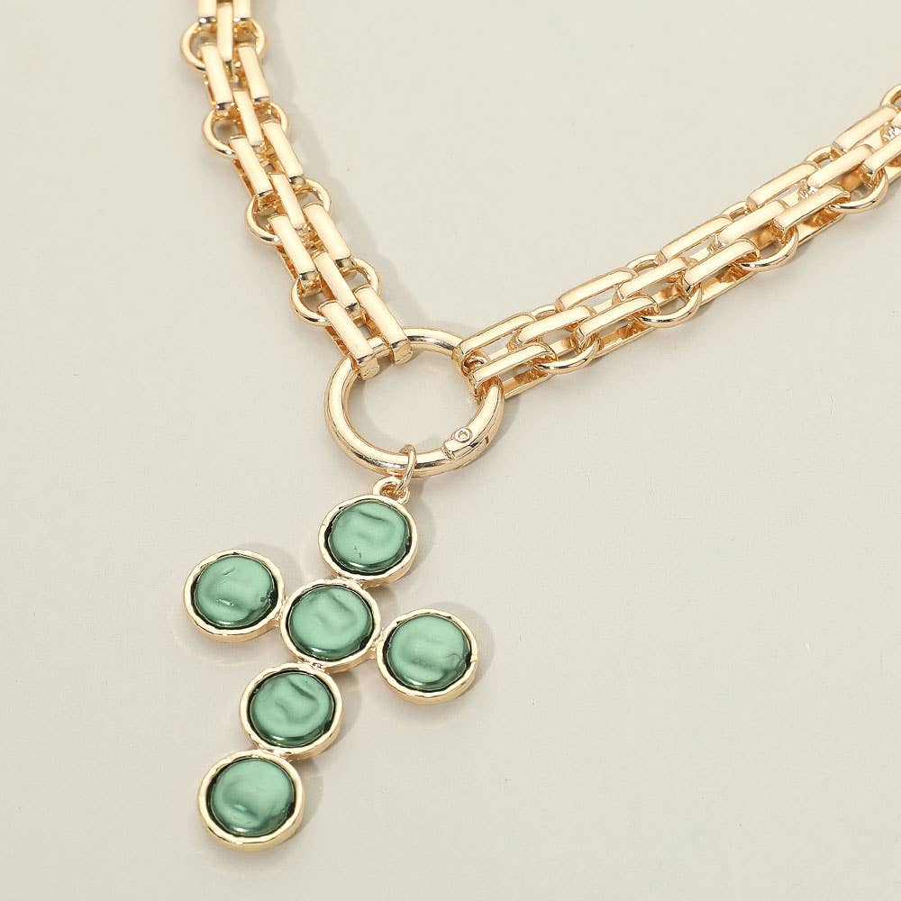 Pearl Cross Charm Pendant Chunky Chain Statement Necklace