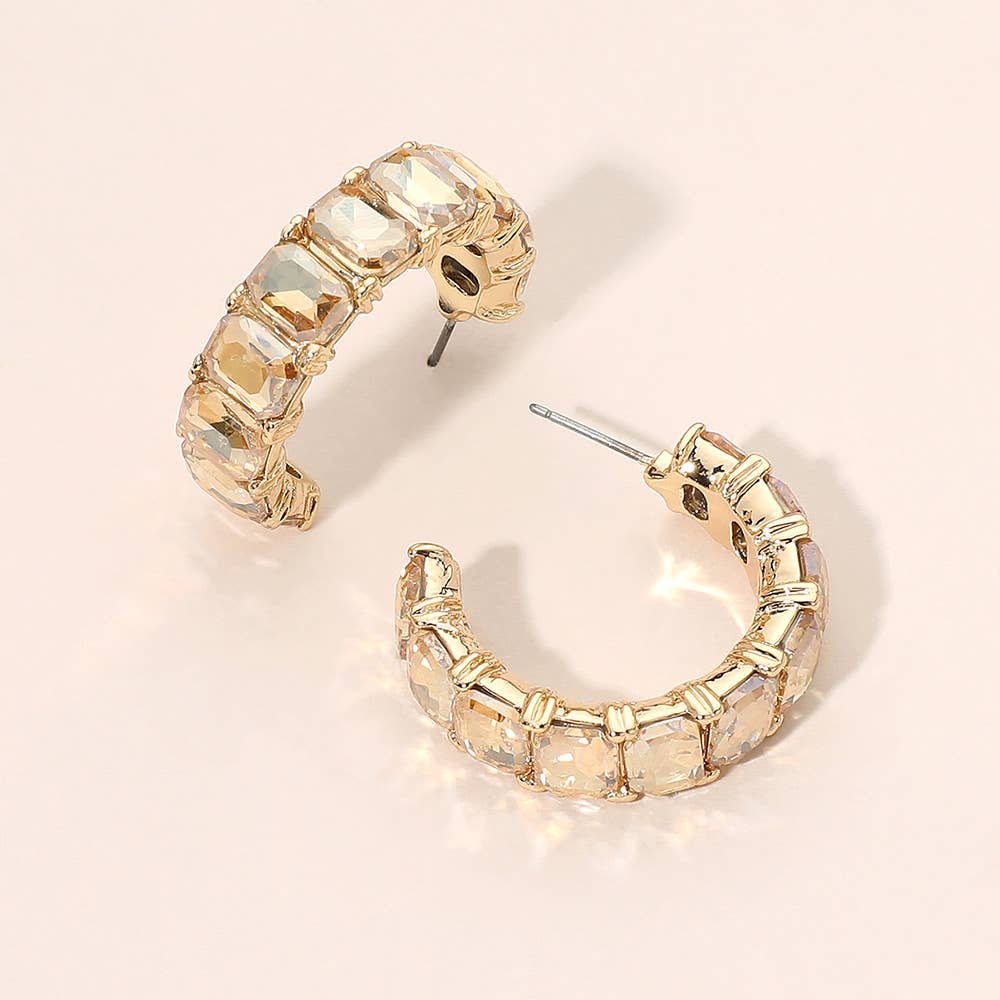 Faceted Rectangular Gem Curved Hoop Earrings
