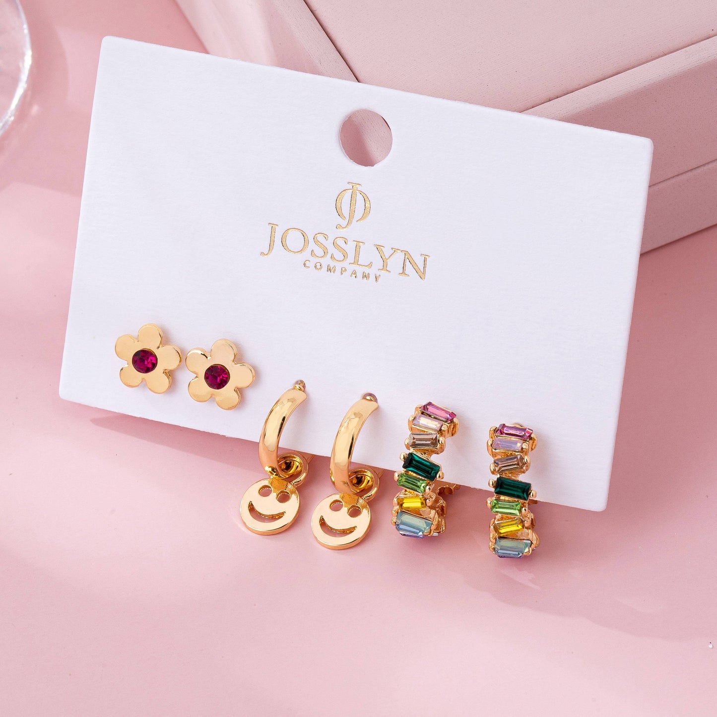 Rainbow Crystal, Smiley, and Floral Trio Earrings | 80E62109