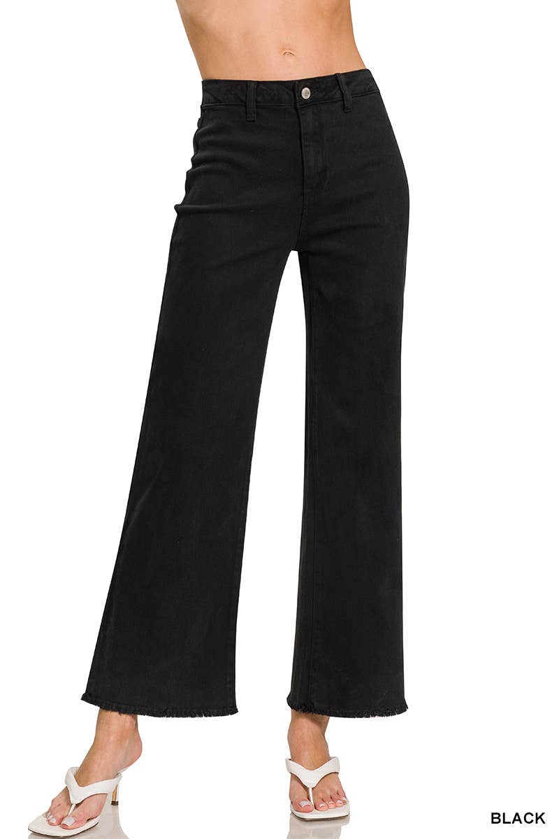 Acid Washed Frayed Cutoff Hem Straight Wide Pants Zenana