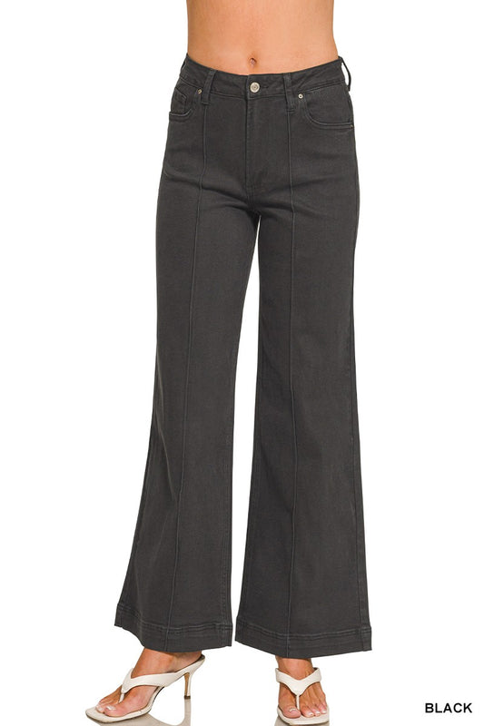 High Rise Wide Leg Pintuck Color Denim Pants
