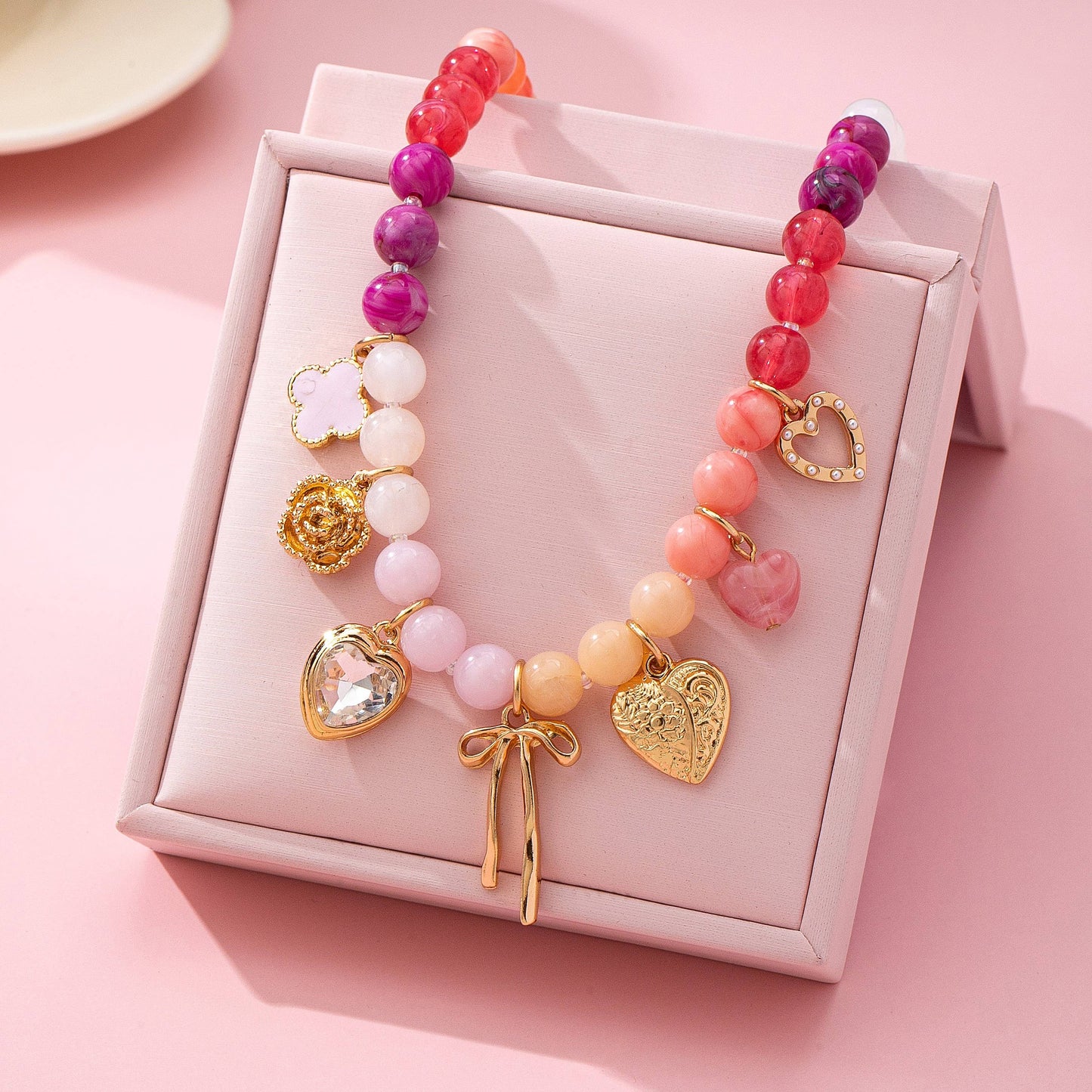 Pastel Beaded Bow Heart Flower Charm Necklace | 80N92704