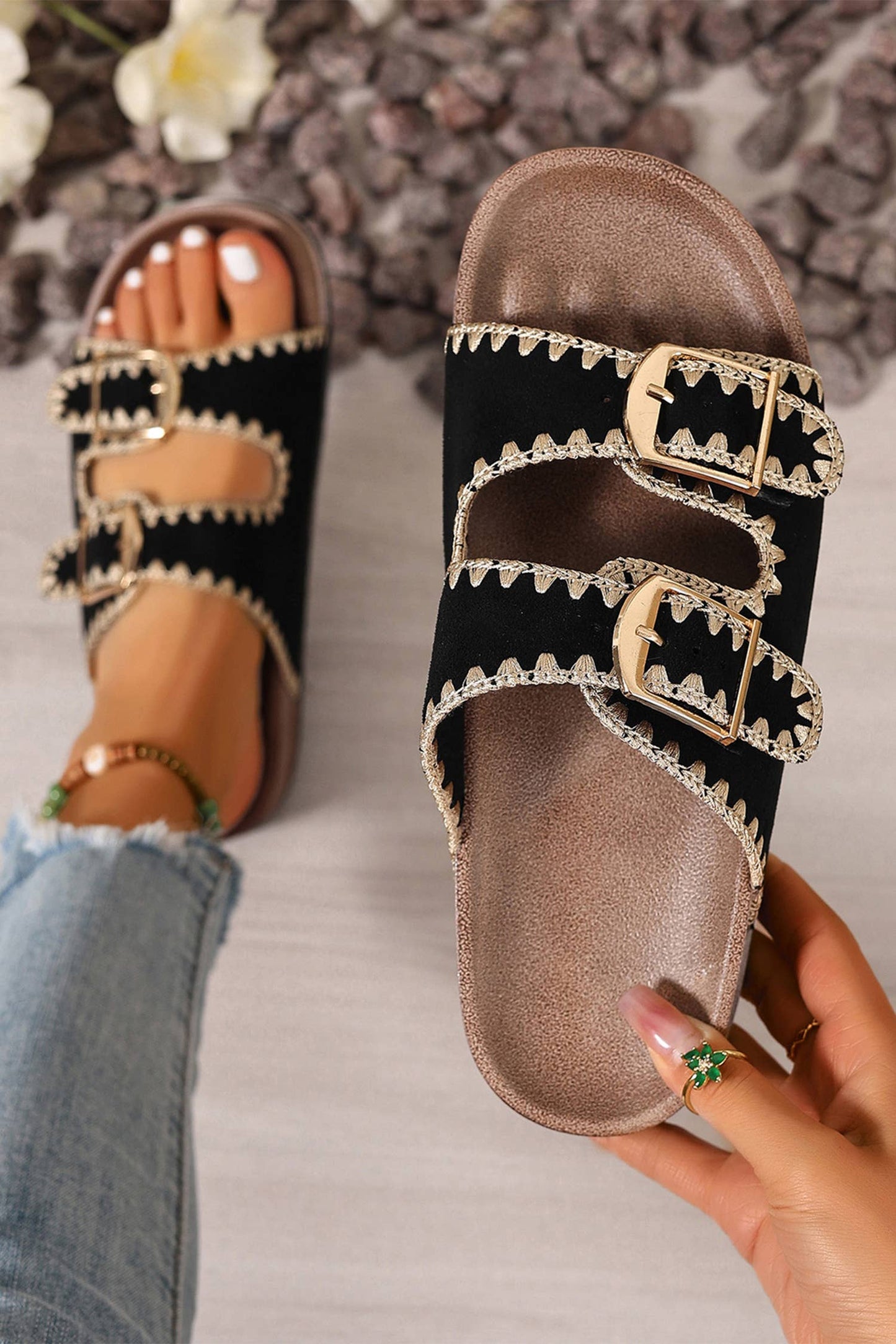 LAS Embroidered Retro Buckle Faux Suede Slippers (37-42)