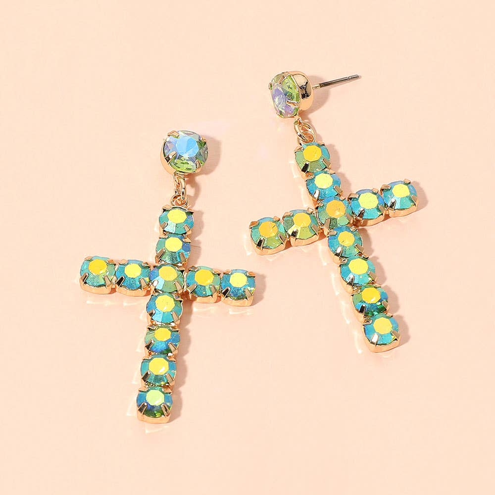 Round Gem Cross Charm Drop Statement Earrings