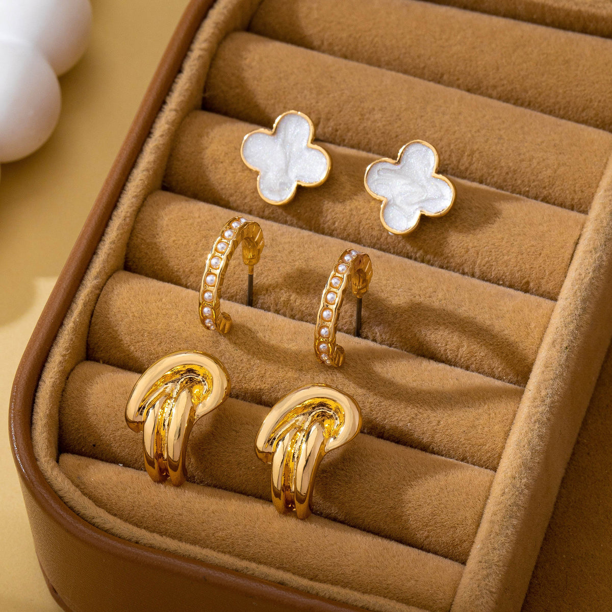 Gold-Tone Clover Pearl Huggie Hoop Earring Trio Set|80E62320